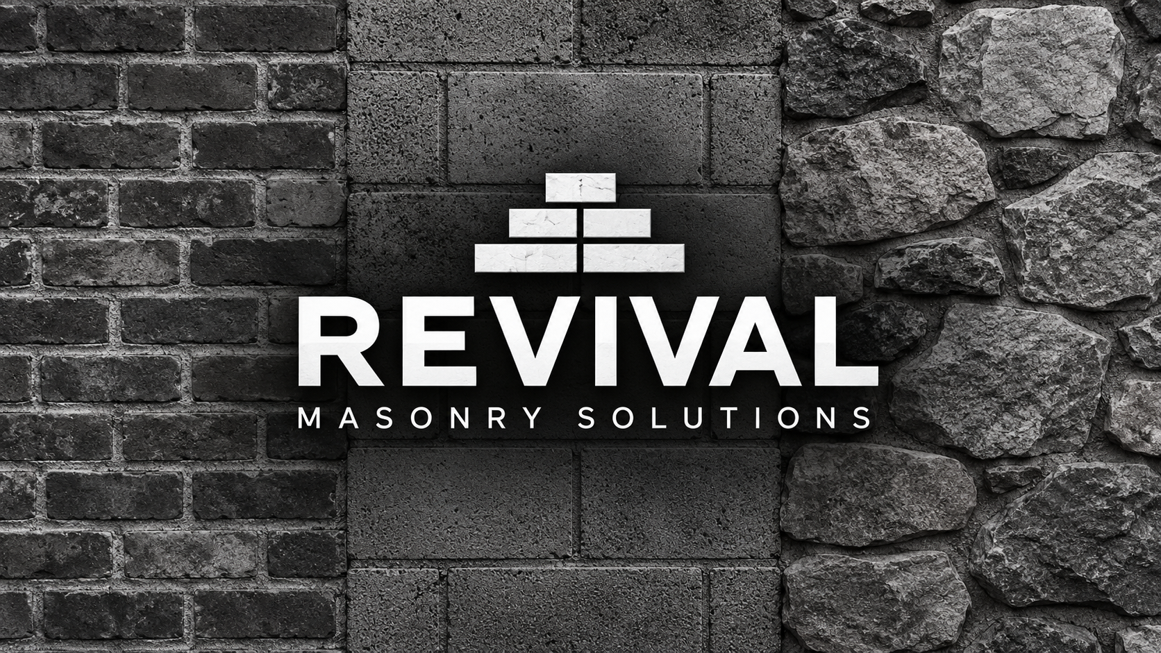 Revival Masonry Solutions logo over brick, concrete block, and stone masonry